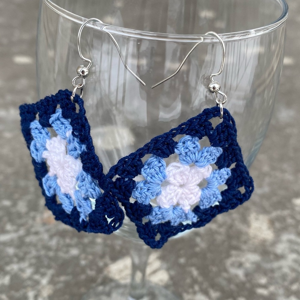 Blue Crochet Granny Square Earrings - Picture 5 of 7